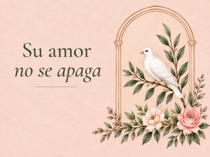 Sobre rosa de la colección Botánica con una paloma, follaje y el texto Su amor no se apaga