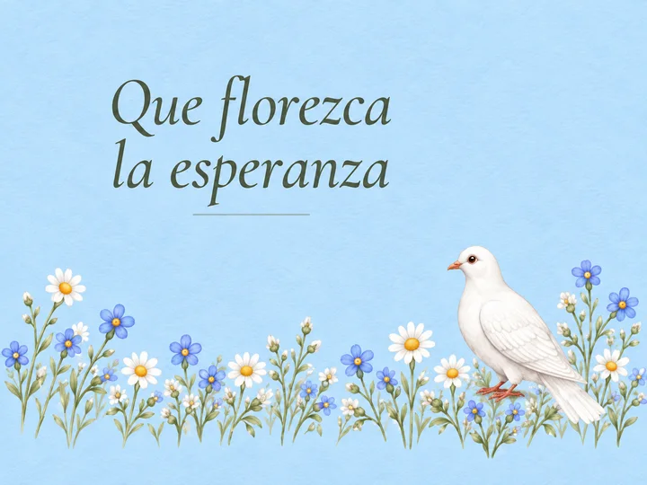 Sobre azul de la colección Color Suave con una paloma, flores y el texto Que florezca la esperanza