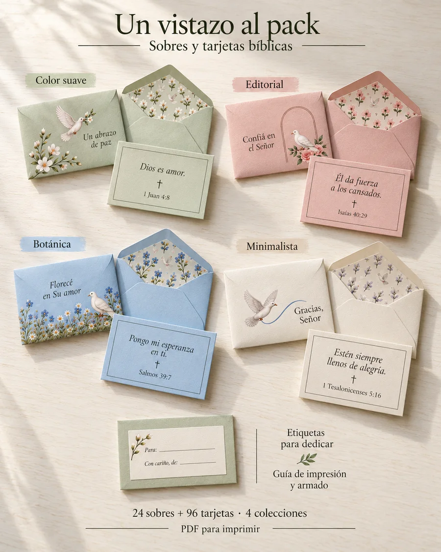 Vista completa del pack Pegatuna en español con las colecciones Color Suave, Editorial, Botánica y Minimalista, tarjetas bíblicas y etiquetas para dedicar.
